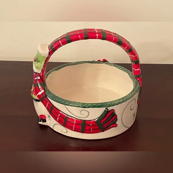 BNIB Fitz and Floyd Holly Hat Snowman Ceramic Basket 2013 Christmas Candy Dish - Picture 2 of 10